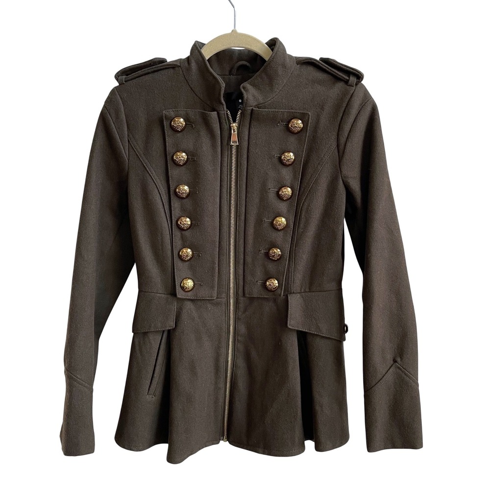 AQUA Military Jacket Womens‎ XS Olive Brown Wool Blend Peplum Gold Crest Buttons